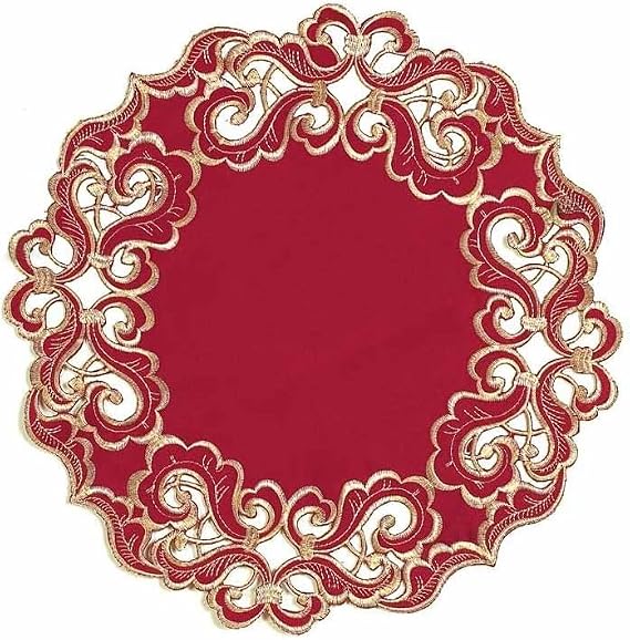 Decozen Set of 4 Doilies for Table, Lace Doilies Rustic Farmhouse Kitchen Dining Table Centerpiece Decor, 15 Inch Gold Burgundy Round Placemats for Home, Valentines Day Gifts, Valentines placemats