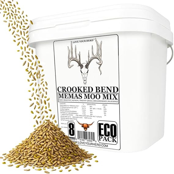 Crooked Bend Memas Moo Mix, 8LB EcoPack, Farm Pasture Seed Blend for Horse, Cattle, Pig, Goat, Chicken, Duck, Sheep & Livestock, Grow Alfalfa & Perennial Grasses Fields, Graze Resistant, Cold Tolerant