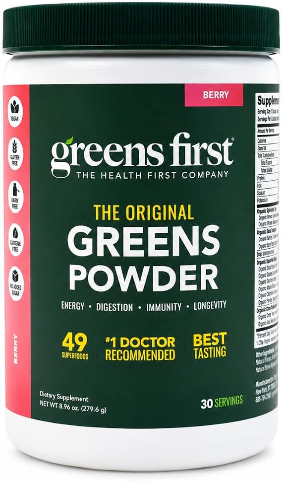 Greens First Original Greens Powder, Berry, 30 Servings | 49 Superfoods, Organic Fruits & Veggies, Prebiotics, Probiotics & Digestive Enzymes, Antioxidant Smoothie