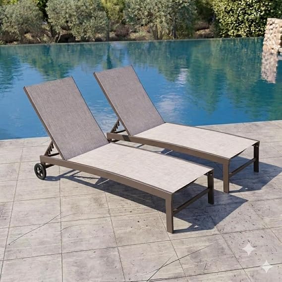 Pool Lounge Chairs with Wheels, Chaise Lounge Outdoor Set of 2 (Beige) | 5-Position Adjustable Backrest,Sturdy Metal Frame and All Weather Textilene Fabric for Patio, Beach, Yard, Pool