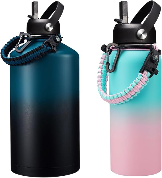 Insulated Water-Jug Gallon Water Bottles and 32 OZ Stainless Steel Water Bottle w/Paracord Handle, Straw & Spout Lids, Bottle Sleeve, Reusable Metal Thermo Keep Cold-48h & Hot-24h