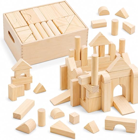 Large Wooden Building Blocks Set, 64-Piece Stacking Toy with Storage Box