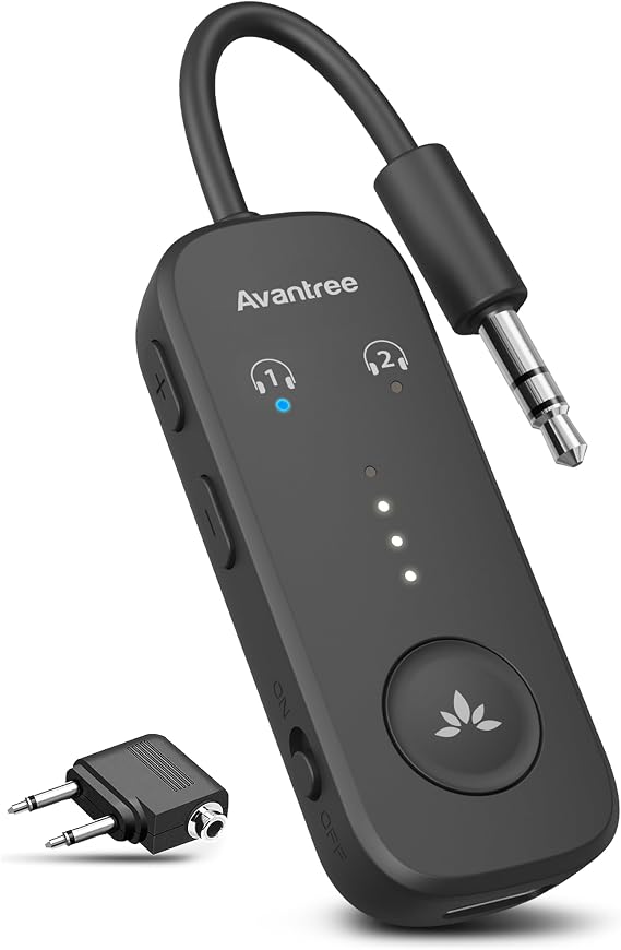 Avantree Relay - Airplane Bluetooth Adapter for 2 AirPods or Headphones | Qualcomm aptX Adaptive, 25H Battery, Firmware Upgrades, Volume Controls, 3.5mm AUX Audio Transmitter for Flight Travel & Gym