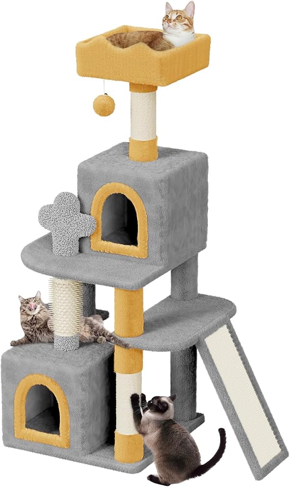 Large Cat Tree, 52 inch Tall Cat Climbing Tower Cratching Posts with Dangling Ball, Condos & Ladder, Cute Multilevel Climbing House with Sisal Scratching Post & Cat Bed for Indoor (Light Grey)