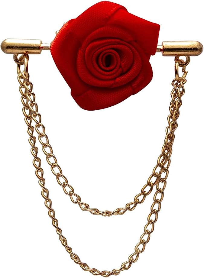 Knighthood Brooch Pin Red Rose with Double Hanging Chain Brooch Suit Stud Lapel Pin