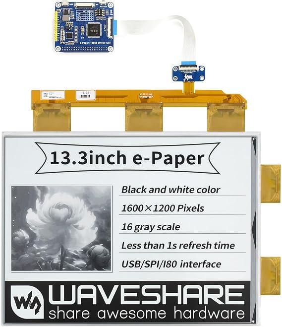 Waveshare 13.3inch E-Paper E-Ink Display HAT for Raspberry Pi 1600x1200 Pixels Black/White 2-16 Grey Scales USB/SPI/I80…