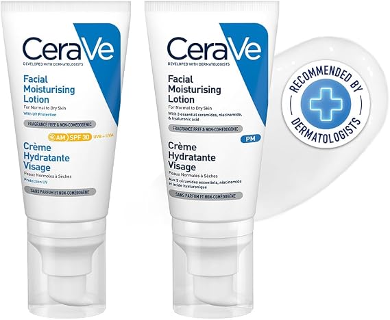 CeraVe AM Facial Moisturising Lotion SPF30 with Ceramides for Normal to Dry Skin 52 ml & PM Daily Facial Moisturiser Lotion for Normal to Dry Skin 52ml with Niacinamide and 3 Essential Ceramides
