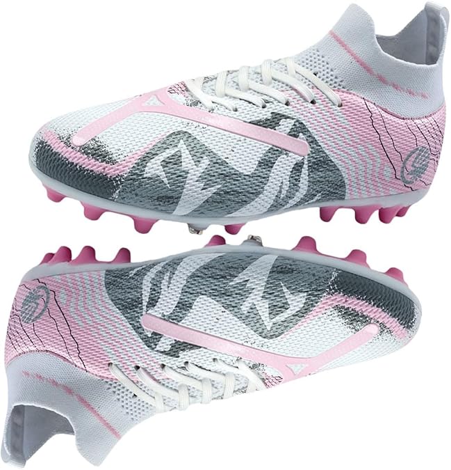 HESBITEUL Men's Women's Firm Ground Soccer Cleats Outdoor Indoor Boys Girls Professional Futsal Football Training Sneakers AG Ankle Boots High Top Sock, O21cd White&pink