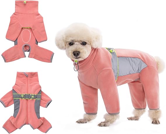 HDKUW Warm Small Dog Jumpsuit,Plush Fleece Puppy Onesie with D-Ring and Reflective Strips,Long-Sleeved Dog Cold Weather Coats for Small Medium Dogs Pink XL