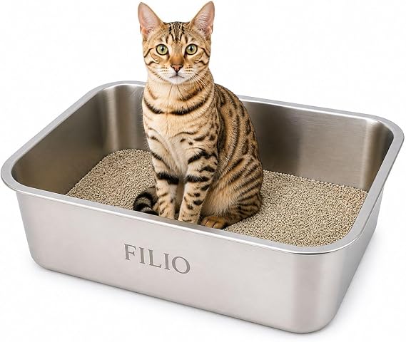 Stainless Steel Litter Box for Cats, 17.71" x 13.77" x 5.9", Metal Cat Litter Box with High Sides, Non-Stick, Odor Free, Easy to Clean Litter Pan for Indoor Cats, Kittens, Rabbits and Multi Cat Homes