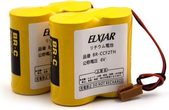 (2-Pack) 6V BR-CCF2TH Battery for Fanuc A98L-0001-0902, BR-CCF2TE | Fits oi Mate Model-D and GE Fanuc A06 Series PLC and CNC systems; brown connector.