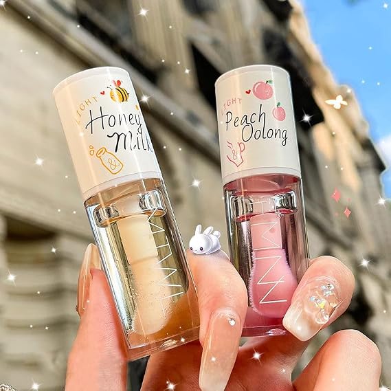2Pcs Crystal Jelly Peach Honey Lip Oil with Big Brush, Hydrating Clear Lip Gloss, Long Lasting Nourishing Lip Care Lip Glow Oil, Non-sticky Fresh Texture, Moisturizing Tinted Lip Balm