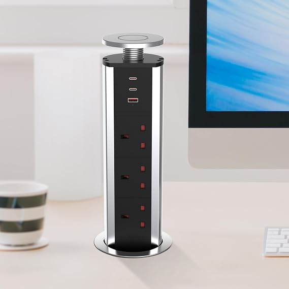 Pop Up Sockets for Kitchen Worktops with 3 USB Ports(2 Type C and 1 USB-A), 3 Plug Extension Recessed Desk Power Socket with 1.8M Cable for Home, Office - Silver