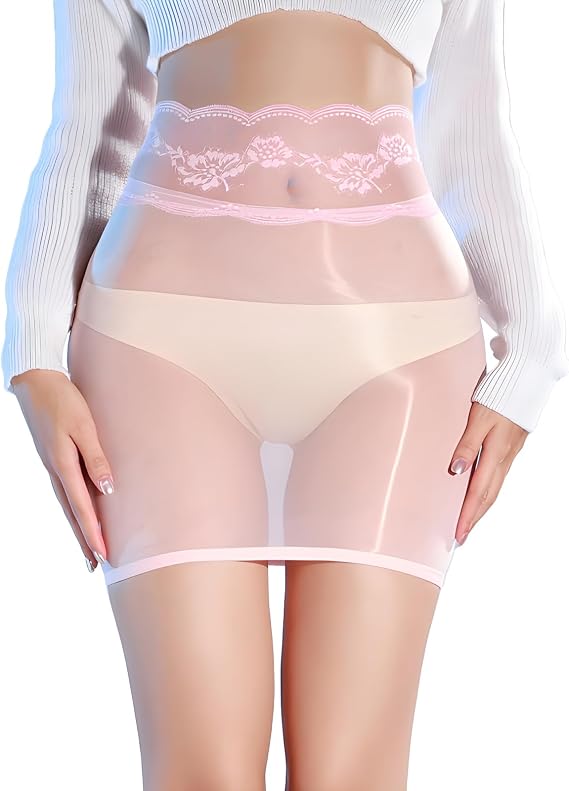Women's Sexy Oil Shiny Glossy Slim Lingerie See Through Sheer Micro Lace Mini Skirt Babydoll Underwear S-L