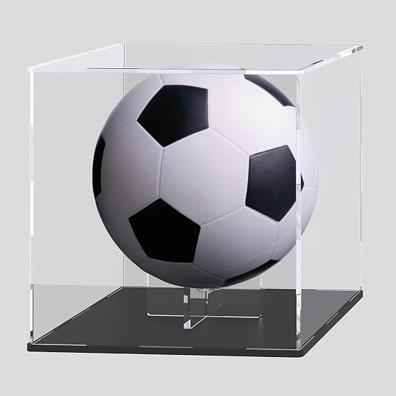 Football Acrylic Display Case with Black & Clear Ball Holder, Clear Acrylic Display Box for Full-Size Football, Soccer, Volleyballs, Dodgeball Handball Storage and Showcase