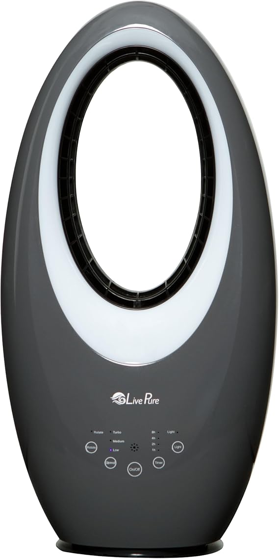 LivePure Bladeless Oscillating Fan w/Filter. 3-Speed Adjustment, Touch Control, Quiet Cooling Fan. Stand Up Fan for Bedroom, Office, Kitchen. Graphite