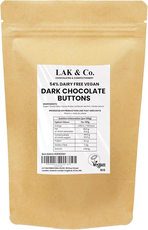 Dark Chocolate Buttons for Baking 1 kg, 54% Cocoa Vegan Drops, Dairy Free, No Palm Oil, British-Made with Real Cocoa Butter, LAK & Co Couverture for Cookies & Brownies (1 KG)