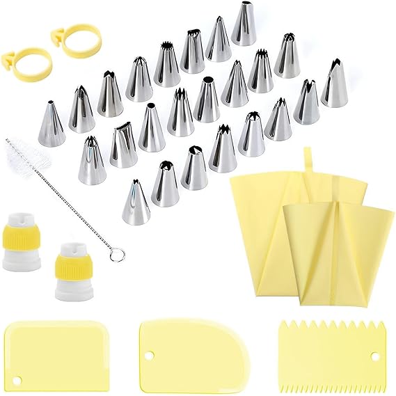 34 Pcs Piping Nozzles Kits, Cake Decorating Kit Tools, Baking Supplies Including 24 Small Piping Tips, 3 Scraper, 2 Silicone Rings, 2 Converter, Reusable Icing Bag, Cleaning Bruch(Yellow)