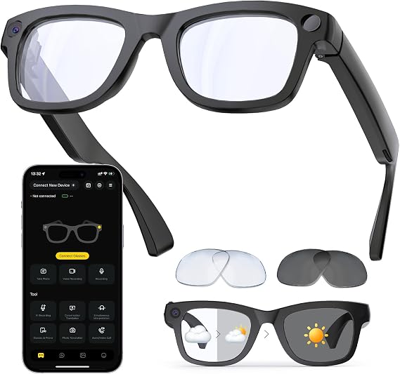 AI Smart Glasses, 8MP Camera Glasses and Audio, AI Translation Sunglasses for Men & Women, Bluetooth Glasses with Voice/Calling, 8 Hours of Music, Photochromic Lenses