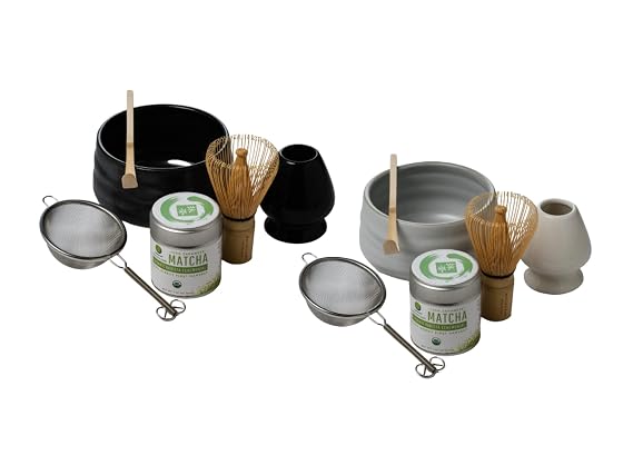 Dr. Weil Matcha Kari His & Hers Complete Matcha Tea Sets Bundle - Two Sets of Organic Ceremonial Japanese Matcha Powder Tin, Bamboo Matcha Whisk & Scoop, Stainless Steel Sifter, Ceramic Stoneware Bowl