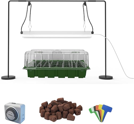 Seedling Starter Kit,40-Cell Seed Starter Tray with Huminity Domes 20,5'', Grow Light for Seed Starting, Natural White Spectrum LED Grow Lamp Stand with Outlet Timer,Rapid Rooter Soil