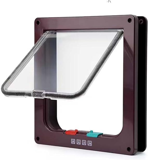 Cat Flap 4-Way Locking Cat Door Pet Door (Brown M)