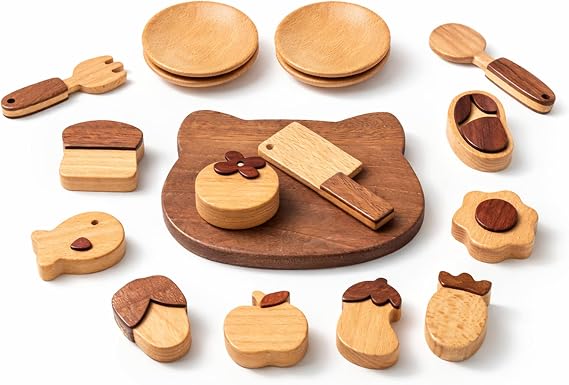 Wooden Play Food Toys for Kids | Pretend Play Kitchen Accessories, Cutting Board and Knife Set, Fruits and Vegetables, Gift for Boys and Girls