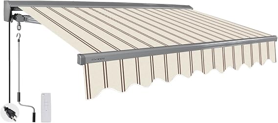 ADVANING Classic Series 12'X10' Electric Retractable Awning, 100% Acrylic UV+ Sun Shade Canopy, Beige w/Brick Red Stripes, EA1210-A332H