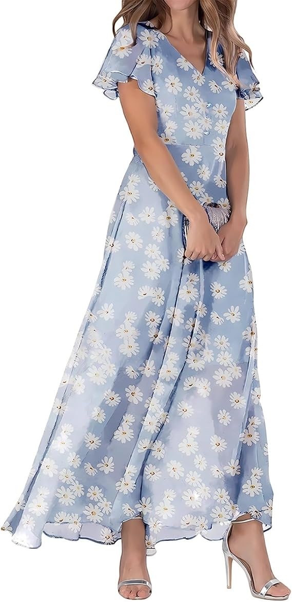 Summer Dress Women's Swing Long Dress Chiffon Flowers Short Sleeve Ruffle V-Neck Fashion Waist Flowing Dress Dresses