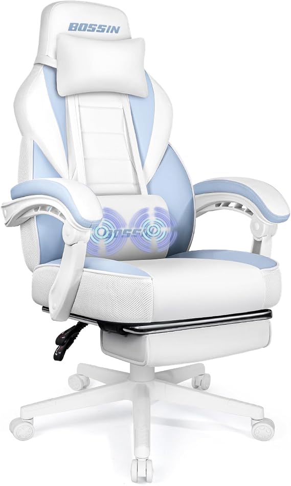 BOSSIN Gaming Chair with Massage, Ergonomic Heavy Duty Design with Footrest and Lumbar Support, Large Size Cushion High Back Office Chair, Big and Tall Gaming Computer Chair for Kids(White and Blue)