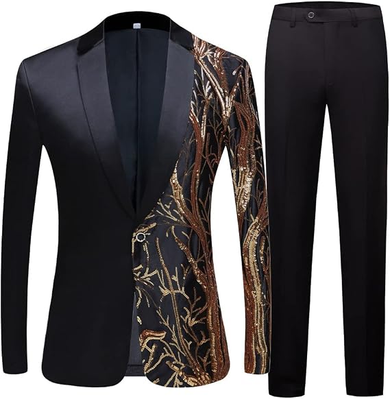 Men Sequin Pattern Slim Suit 2Pcs Blazer Trousers Outfit