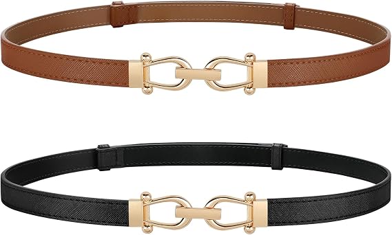 JASGOOD 2 Pack Thin Belts for Women Fashion Skinny Leather Waist Belts for Jeans Pants Dresses with Gold Buckle