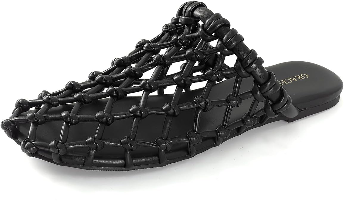 Mesh Slide Sandal Flats for Women Ballerina Hand-weaving flats Slip On Open Weave Mary Jane Shoes for Casual Summer Beach