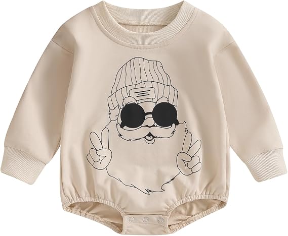 FIOMVA Baby Boy Girl Christmas Outfit Newborn Santa Sweatshirt Bubble Romper Infant Cute Onesie Fall Winter Clothes (D Khaki, 12-18 Months)