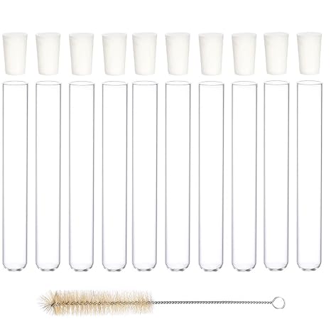 10-Pack Glass Test Tubes with Rubber Stoppers 150mm x 20mm | With 1 Cleaning Brush, Transparent Construction, Reusable, Great for scientific and home use.