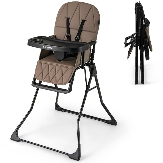 BABY JOY Foldable High Chair, Portable Highchairs for Babies and Toddlers with 3-Position Adjustable Tray & Footrest, Removable Seat Cushion, 5-Point Safety Harness, Space Saving Design (Coffee)