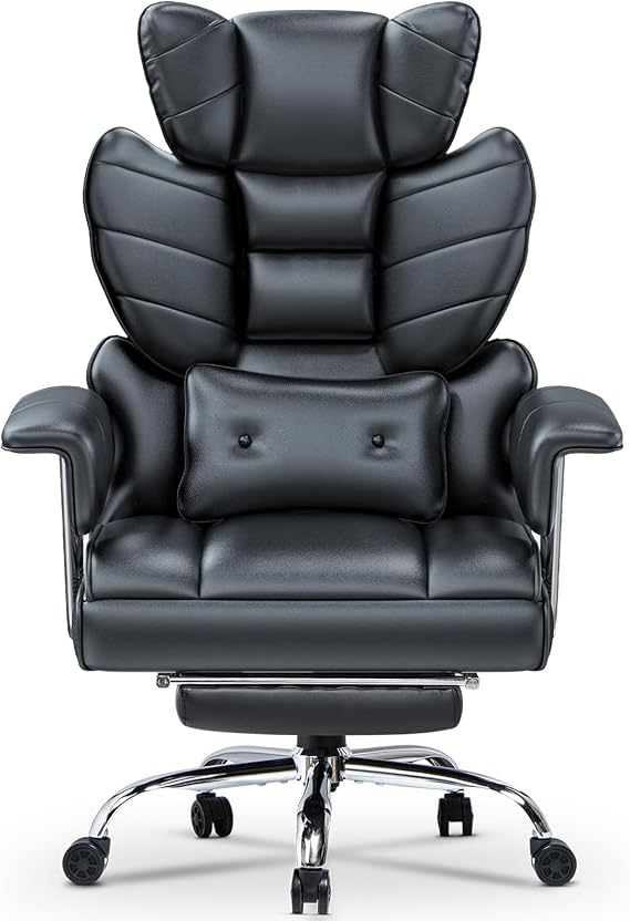 Racingreat Ergonomischer Bürostuhl mit ausziehbarer Fußstütze Höhenverstellbarer Schreibtischstuhl Große weiche Rückenlehne Individuelle Lendenwirbelstütze Chefsessel aus PU-LederSchwarz