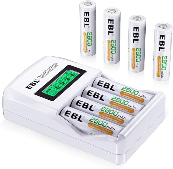 EBL Rechargeable AA Batteries with LCD Battery Charger, 8 Pack of 2800mAh High Capacity Ni-MH AA Rechargeable Battery and Smart Independent Solt Battery Charger