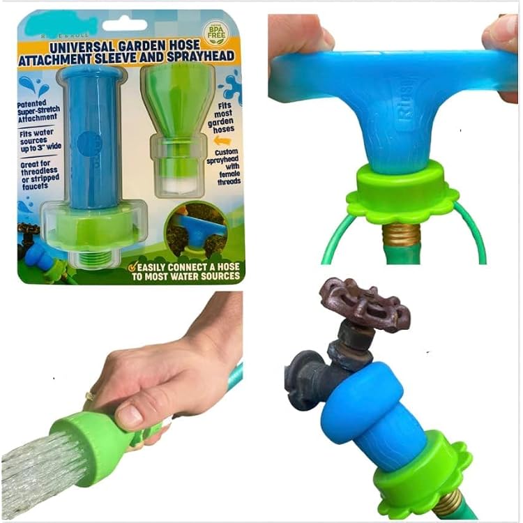 Rinseroo: Stretch-Connect Garden Hose Attachment Sleeve & Sprayhead, Universal Hose Connector Easily Connect a Hose to Water Sources Upto 3 Wide, BPA Free Faucet to Hose Adapter for RV & Camping