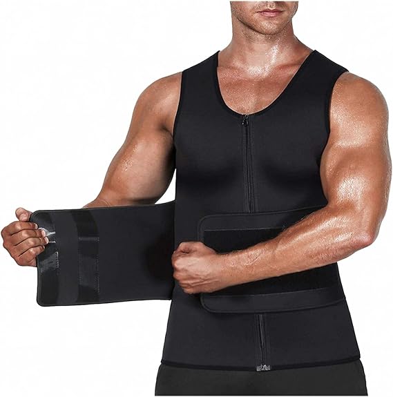 QWENTMTNTY Sauna Suit for Men Weight Loss Zip Up Gym Workout Sweat Vest Sport Waist Trainer Body Shaper Adjustable Tank Top