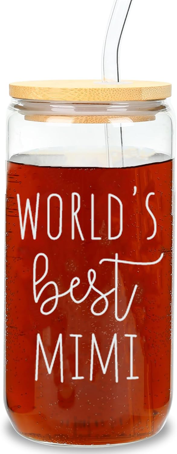 Mimi Mug - Mimi Gifts for Grandma, Tumbler Glass Cup with Lid and Straw, Best Birthday Mothers Day Cups Tumbler Gifts, 16 Oz World’s Best Glass Straw Cup