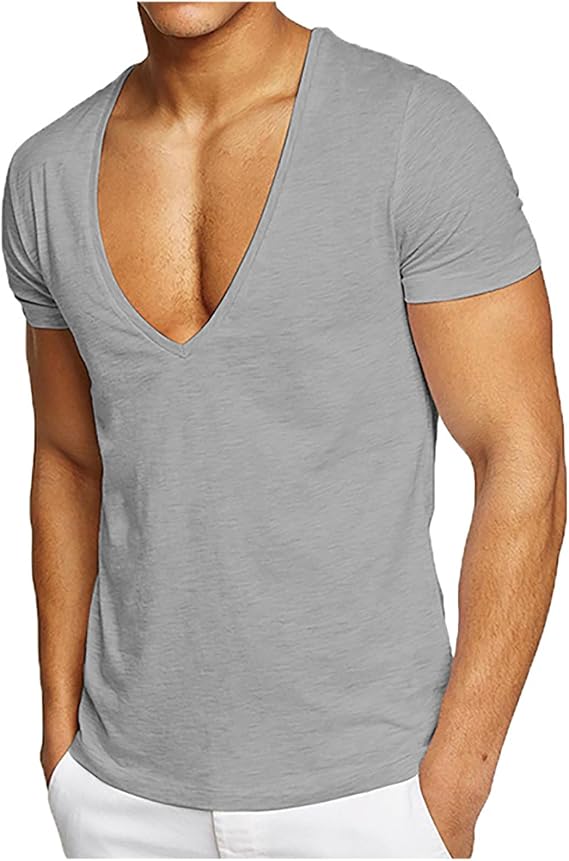 Mens Deep V Neck T Shirts Slim Fit Stretchy Casual Summer Tops