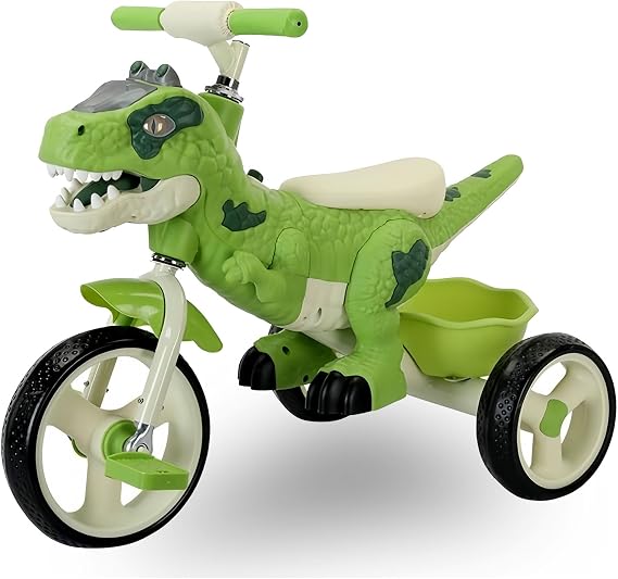 Dinosaur Kids Tricycle for Ages 2-6, Green Kids Trike Toddler Bike with Music Light and Rear Storage Basket, Preschool Daycare Dinosaur Bike, Birthday Gift for Boys and Girls