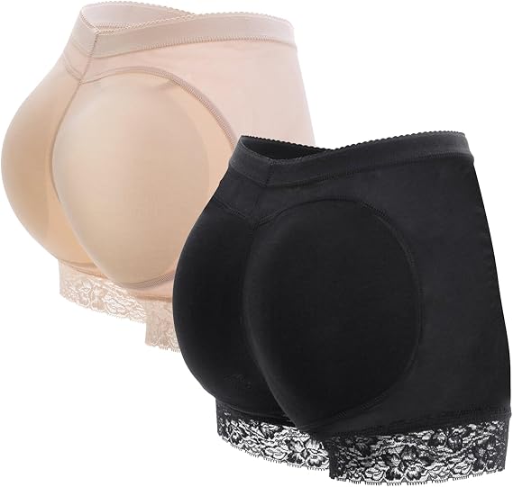 2 Pcs Women Butt Lifter Padded Shapewear Fake Butt Lifter Padded Pants Lace Seamless Hip Enhancer Control Panties Body Shaper Underwear Women Tummy Control Underwear Black