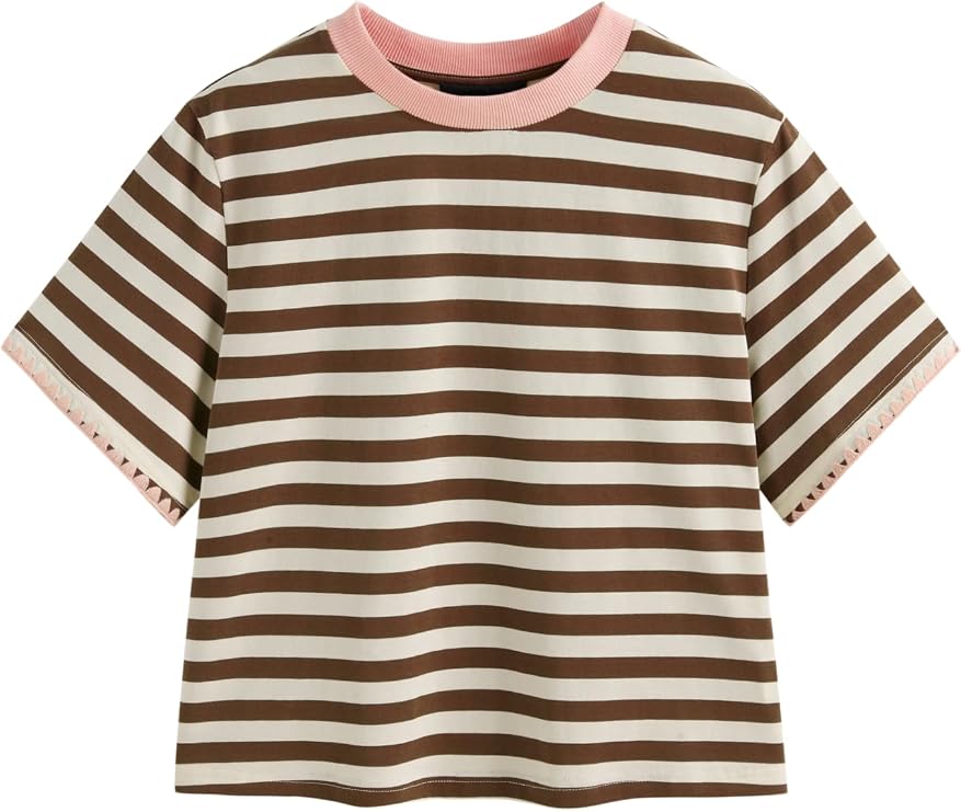 CIDER Women Stripe Crop Boxy Top Oversized Summer Crew Neck T-Shirt Cotton-Blend Short Sleeve Tee