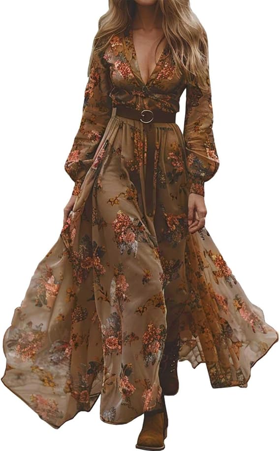 Women's Long Sleeve V-Neck Dress, Vintage Dress, Sexy High Waisted Flower Print Loose Flowy Chic Elegant Classic Casual Temperament Pastoral Style Boheme Autumn Dress