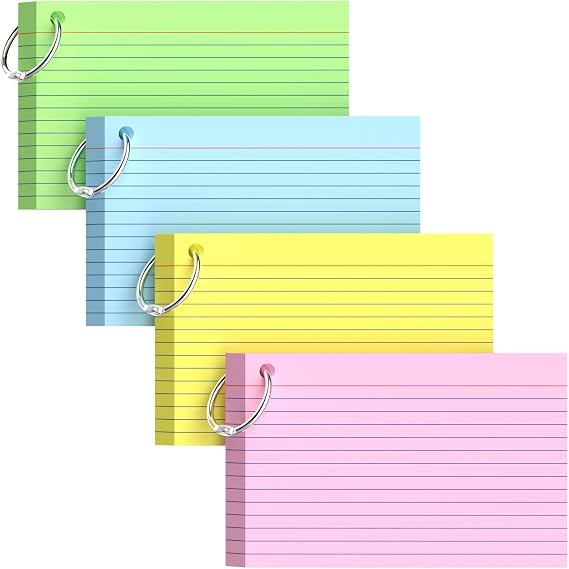 160-Pack Colored Index Cards 4x6 Inch w/Key Ring 180gsm Heavyweight Flashcards 4 Vibrant Colors Flash Cards (Pink Blue Green Yellow) Perfect for Study, Notes & Memory, Students School Supplies