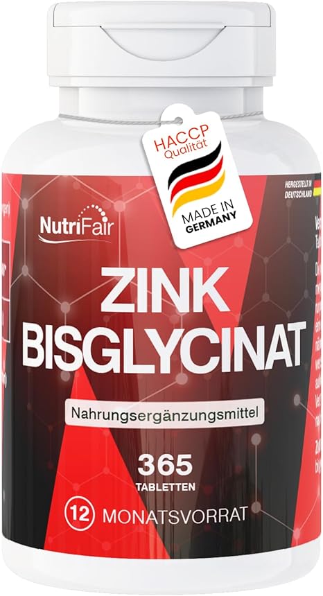 Zinc 25 mg 365 tablets 25 mg per tablet swallow-friendly zinc bisglycinate high dose 100% vegan German production and laboratory test