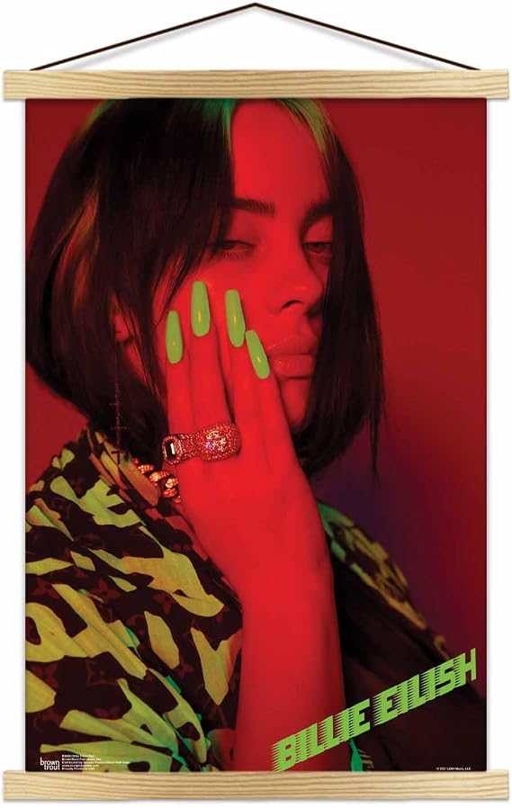 Scorpio Posters Billie Eilish - Red - Officially Licensed - Mini Poster - 11" x 17" - with Natural Wood Poster Holder