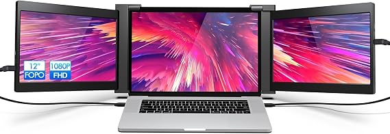 12" Triple Portable Monitor, 2022 1080P FHD IPS Attachable Laptop Monitor Extender, Triple Screen for Laptop of 13"-16", Compatible with Notebook/Mac/Switch/Xbox One, Connect with USB-C/HDMI